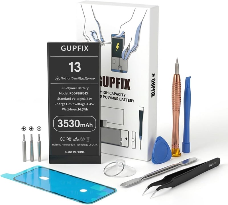 GUPFIX Diagnostic Battery for iPhone 13 No Pop-up Unknown Part Warning, 3500mAh High Capacity Li-Polymer Rechargeable Battery Replacement for iPhone 13 with Full Tool Kit - Image 1